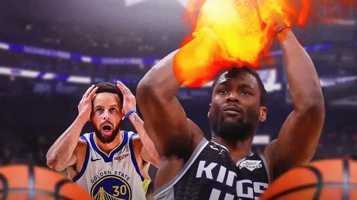 Kings' Harrison Barnes shooting a basketball with fire coming off the ball. Warriors' Stephen Curry eyes popping out looking at Barnes.