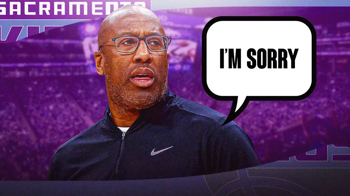 Mike Brown saying, 'I'm sorry,' with the Kings arena in the background, Pelicans