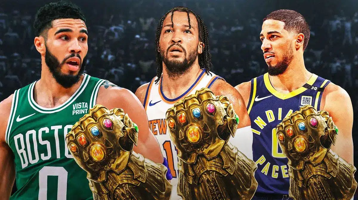 Celtics' Jayson Tatum, Knicks' Jalen Brunson, and Pacers' Tyrese Haliburton all wearing Thanos' infinity gauntlet