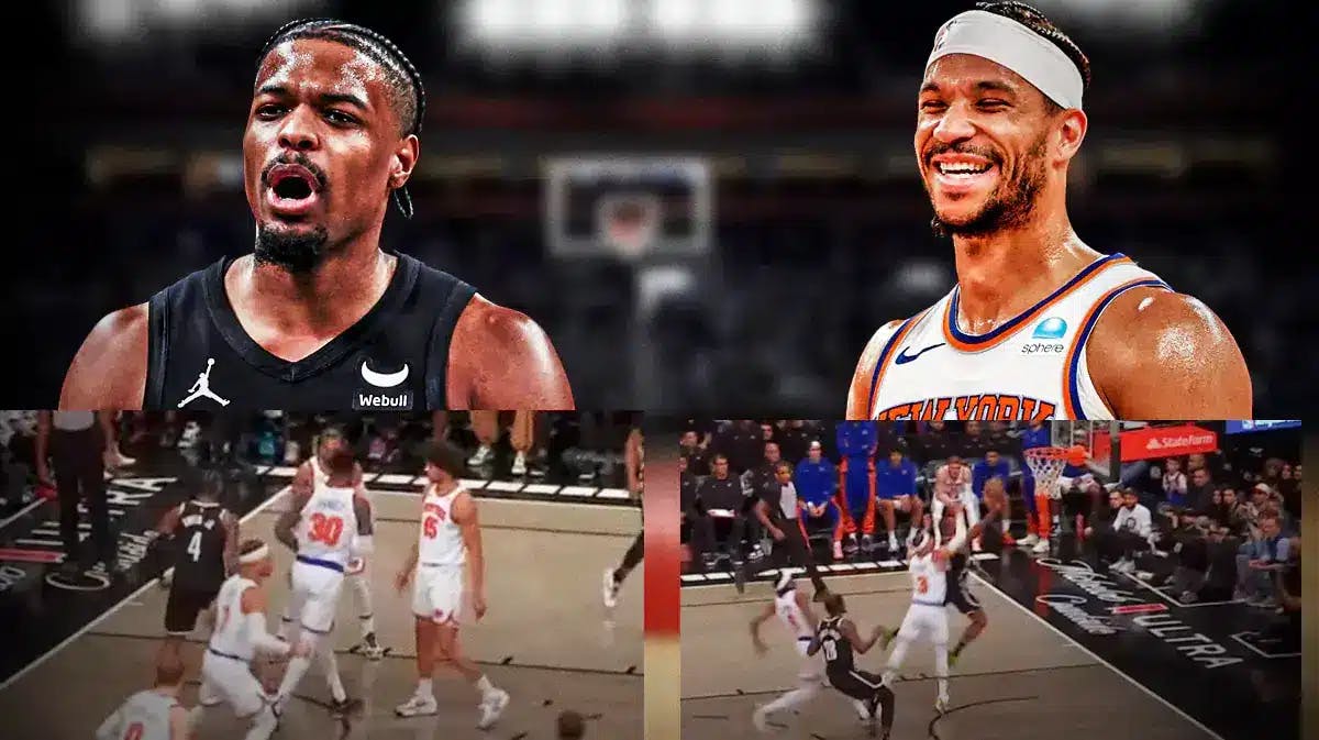 Knicks' Josh Hart smiling and Nets' Dennis Smith Jr. sad, with screenshots of Smith's flex and Hart's block below them