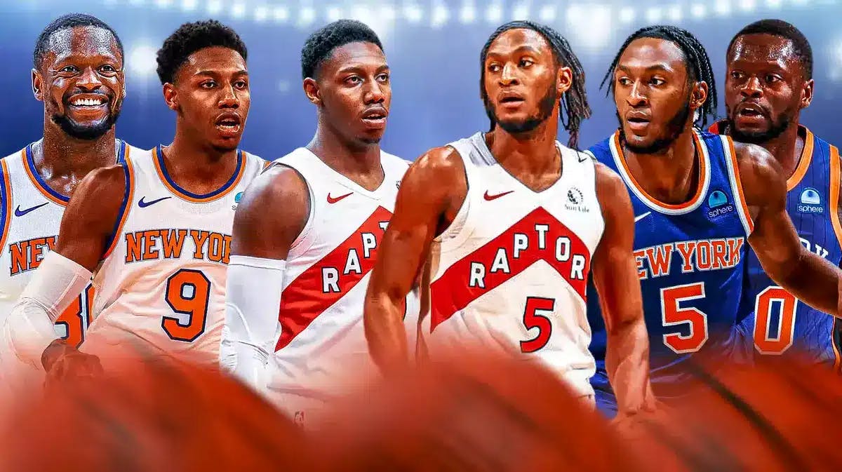 Knicks' Julius Randle with RJ Barrett (Knicks) on the left, Randle with Immanuel Quickley in a Knicks uni on the right, with pictures of Barrett and Quickley in Raptors unis in the middle
