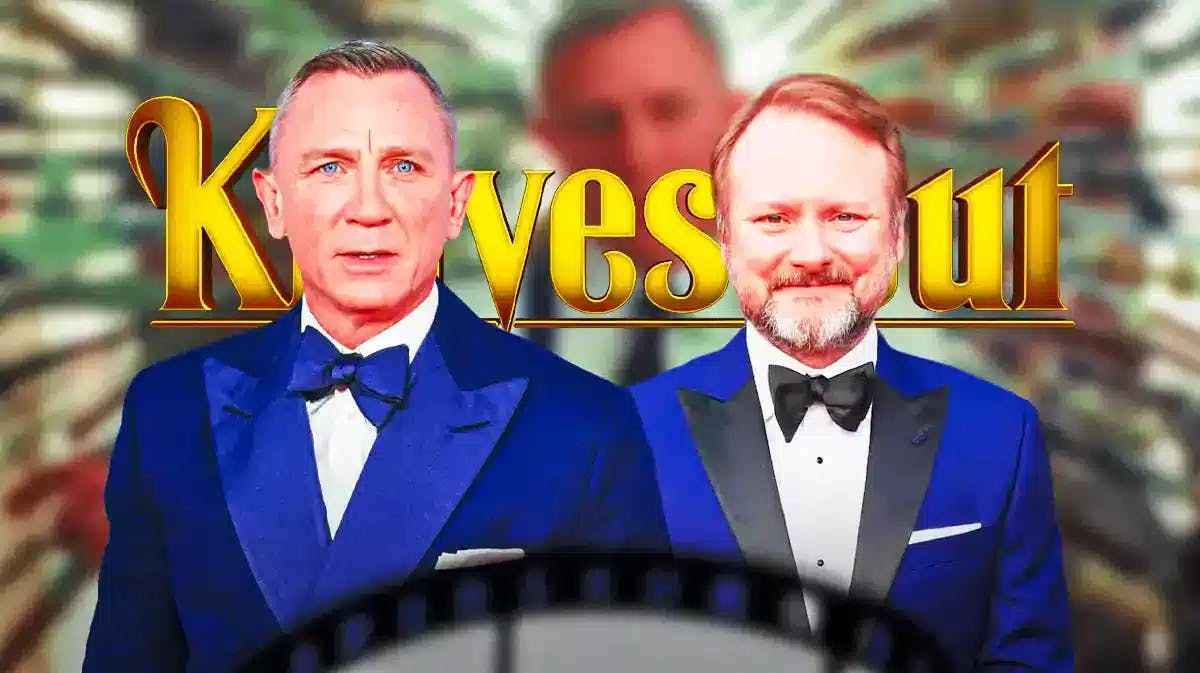 Daniel Craig and Rian Johnson in front of Knives Out logo.