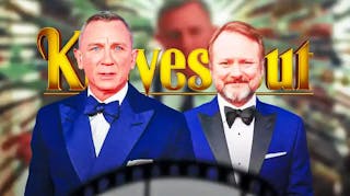 Daniel Craig and Rian Johnson in front of Knives Out logo.