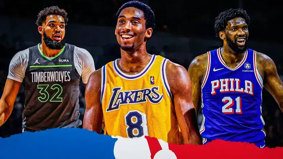 Kobe Bryant in Lakers uniform after making NBA history, Joel Embiid and Karl-Anthony Townes stand next to Bryant