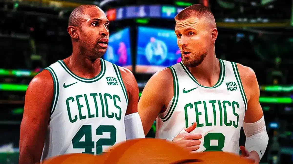 Celtics Kristaps Porzingis and Al Horford looking serious on a TD Garden background