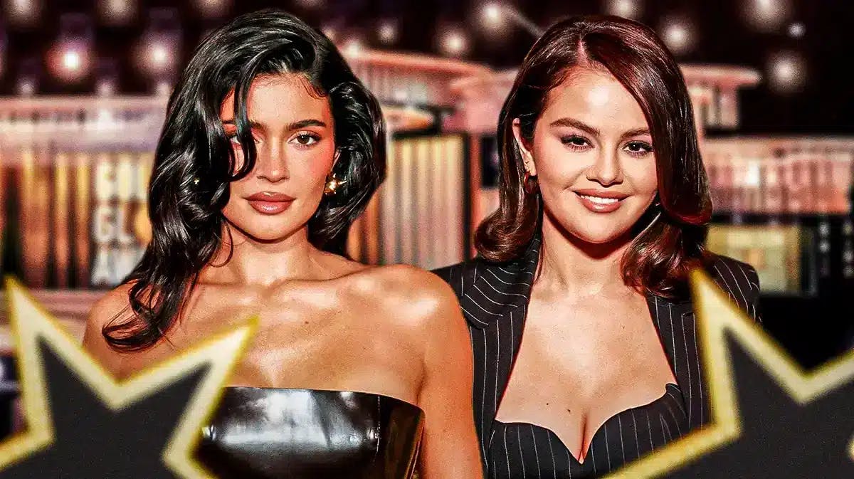 Kylie Jenner and Selena Gomez with Golden Globes in the background