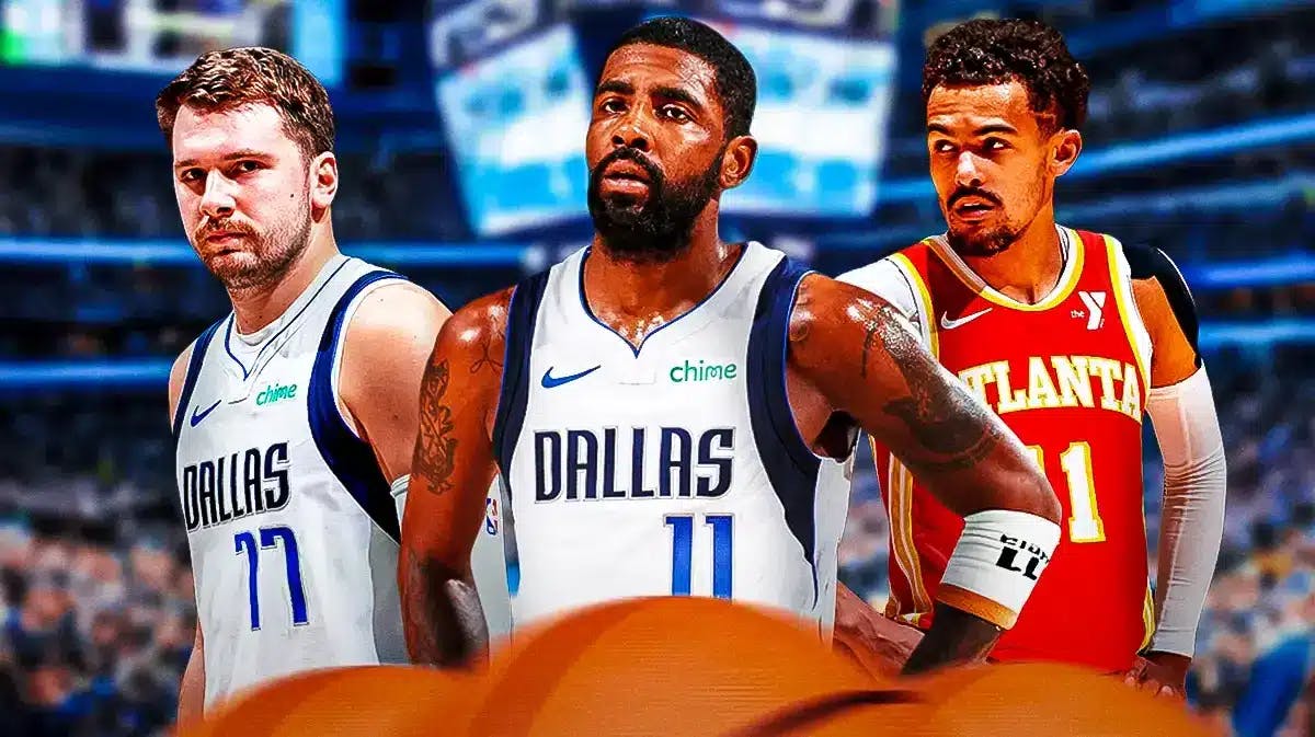 Mavericks' Kyrie Irving looking serious in front. Mavericks' Luka Doncic, Hawks' Trae Young in background looking serious.
