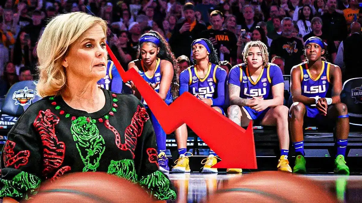 LSU women’s basketball coach Kim Mulkey, and the LSU women’s basketball team, with a budget deficit symbol in the background since the LSU athletic department is in a budget deficit