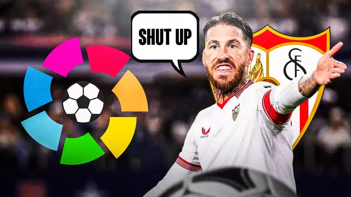 Sergio Ramos saying ‘Shut up’ in front of the Sevilla and La Liga Logos