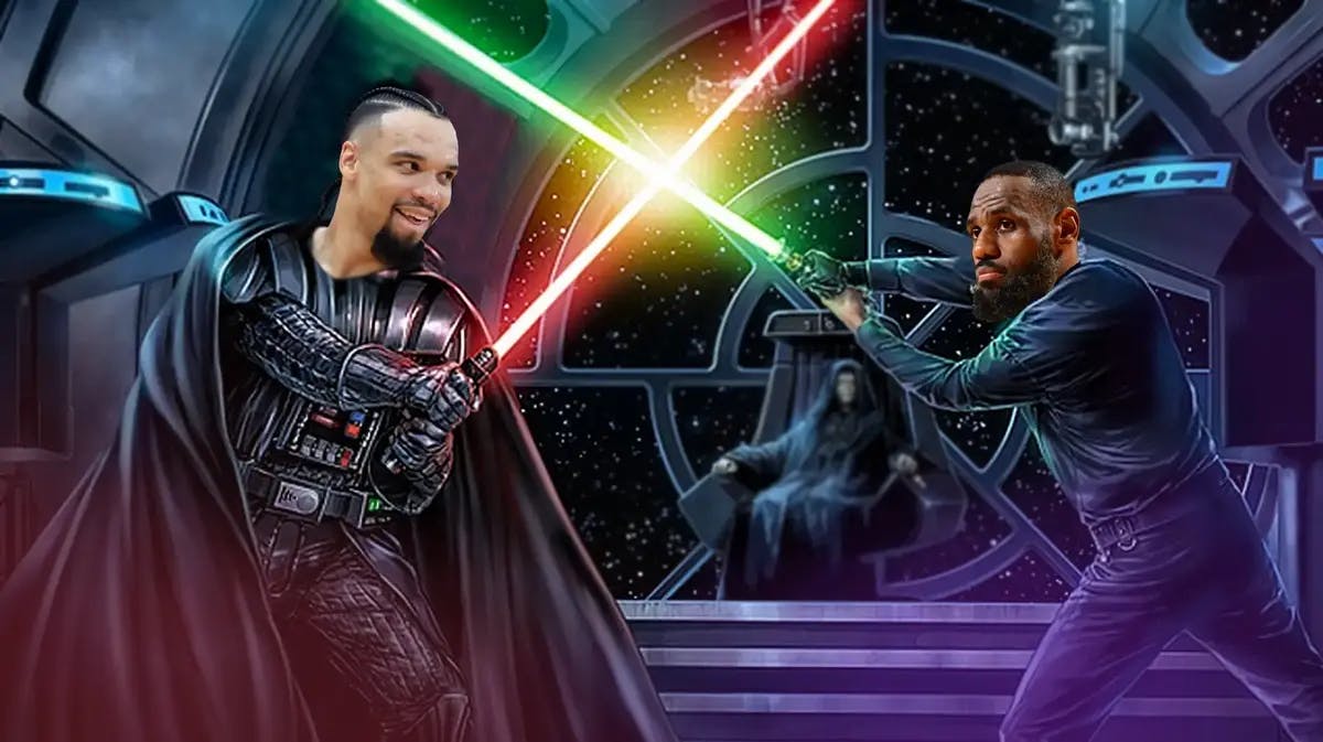 Rockets' Dillon Brooks as Darth Vader, Lakers' LeBron James as Luke Skywalker dueling against each other with lightsabers