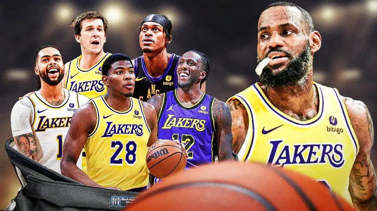 Lakers' LeBron James staring at his teammates: D’Angelo Russell, Taurean Prince, Austin Reaves, Jarred Vanderbilt, and Rui Hachimura