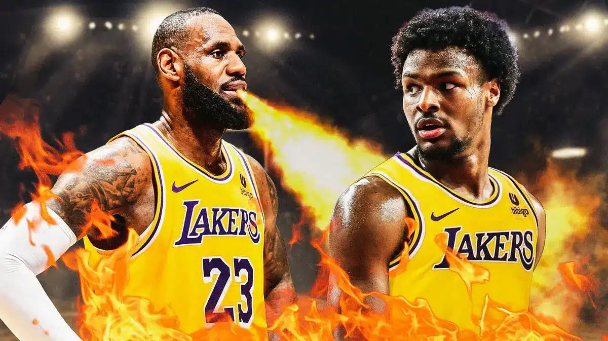 LeBron James with fire coming out his mouth. Bronny in Lakers jersey