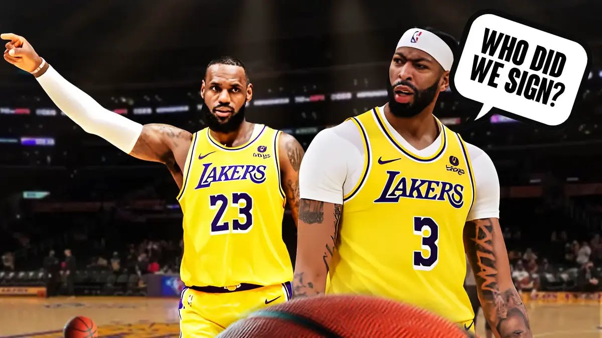 Lakers' Anthony Davis asking Lakers' LeBron James the following question: Who did we sign?