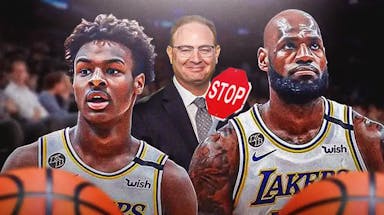 Lakers' LeBron James next to Bronny James in a Lakers jersey. Have Adrian Wojnarowski holding a stop sign.