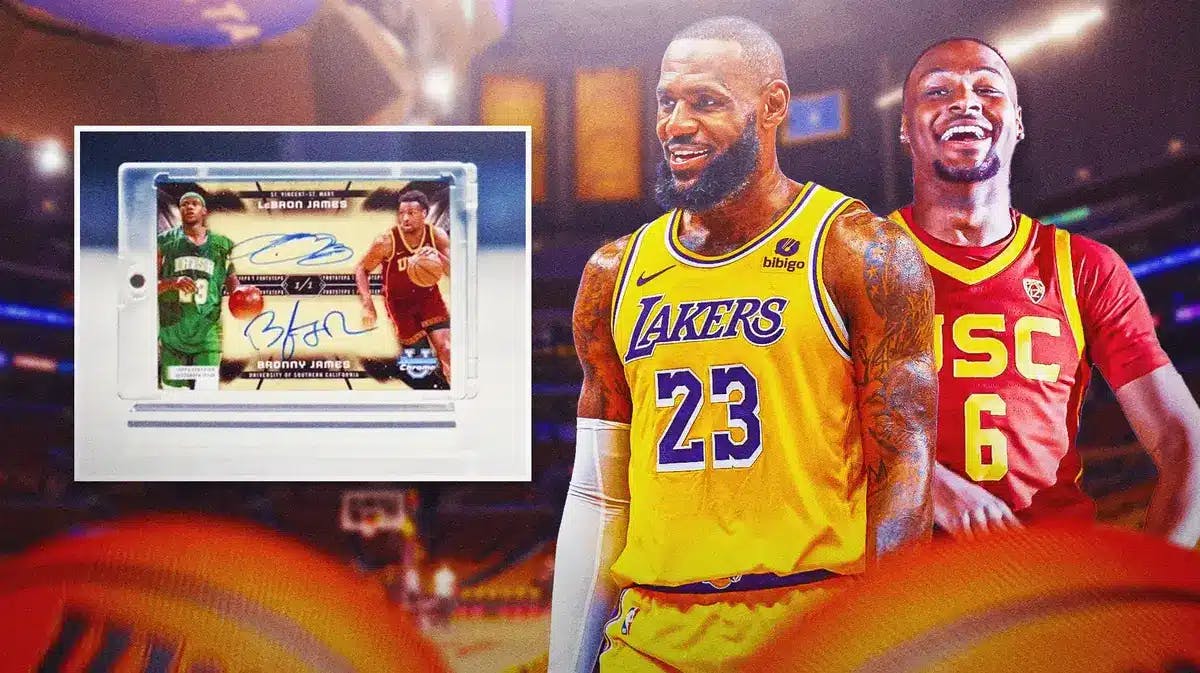 Lakers' LeBron James, USC basketball’s Bronny James smiling together.