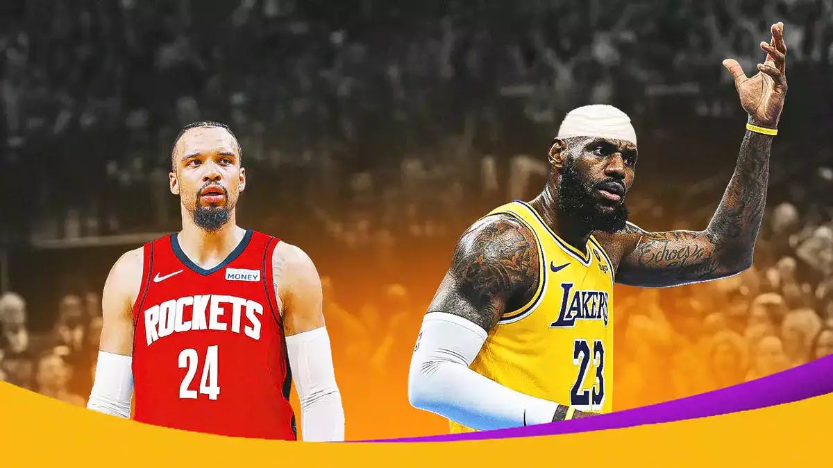 LeBron James in Los Angeles Lakers Jersey with Bandage on head, Dillon Brooks in Houston Rockets jersey