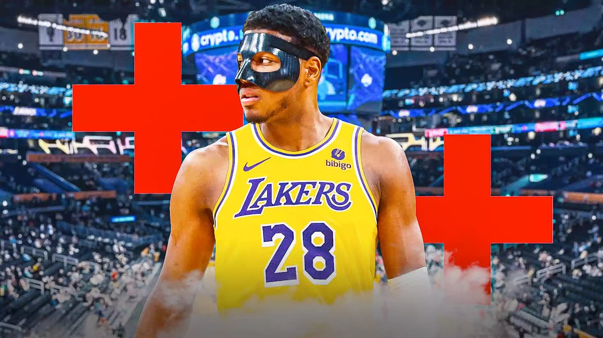 Rui Hachimura with the Lakers arena in the background, also include an injury/medical red cross