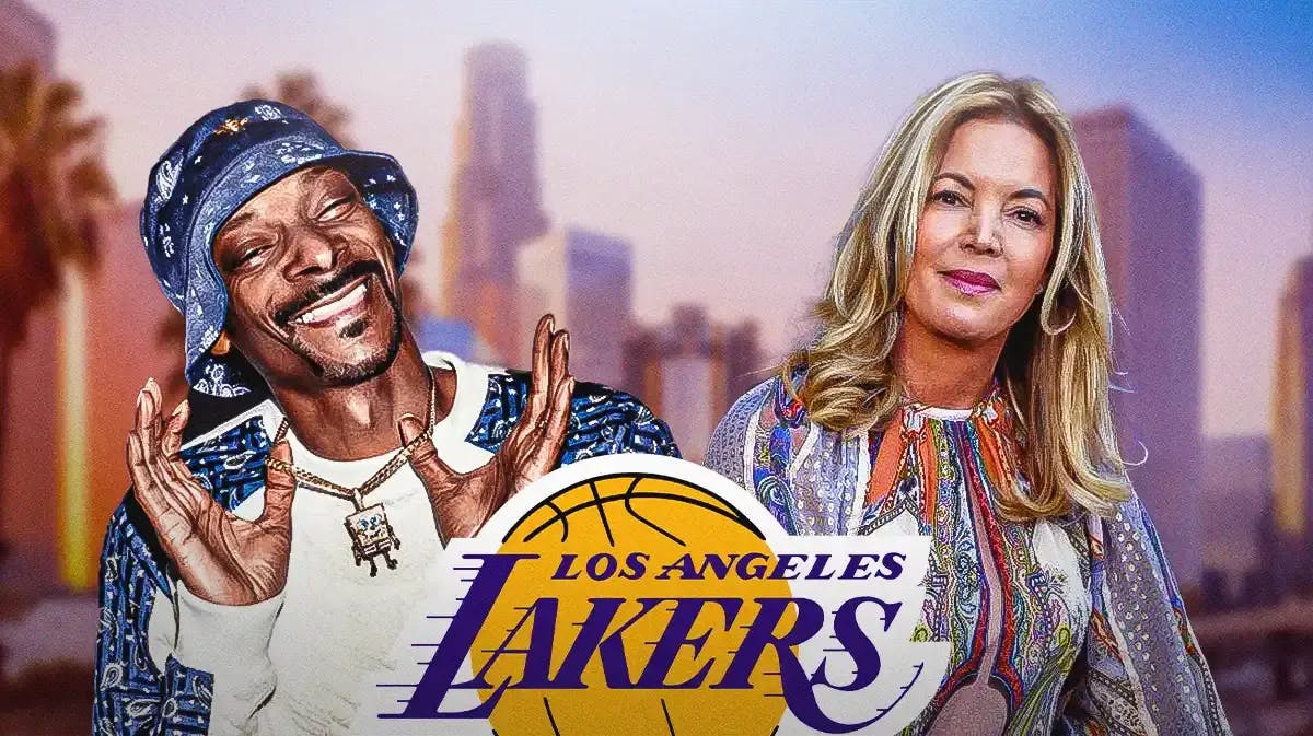 Snoop Dogg stands next to Jeanie Buss in front of the Lakers logo, LeBron James reacts to NBA trade rumors out of the picture