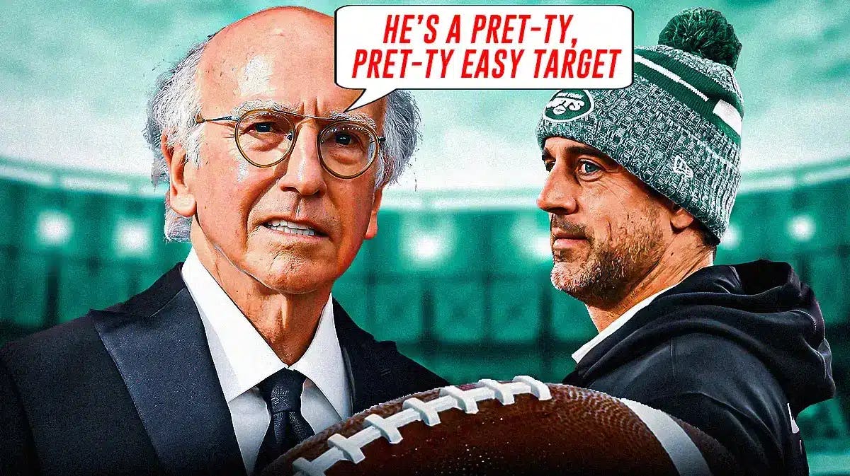 Pics of Larry David and Aaron Rodgers. Larry David has speech bubble saying “He’s a pret-ty, pret-ty easy target”