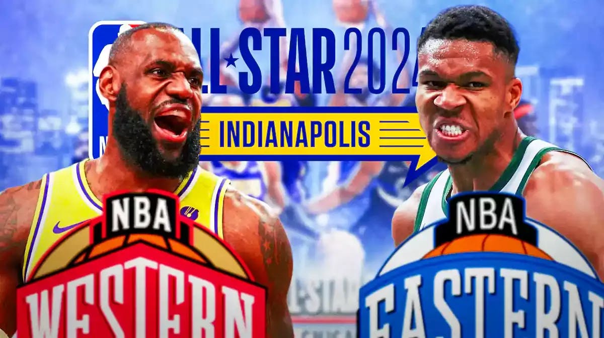 LeBron James and Giannis Antetokounmpo with NBA All-Star 2024 logo