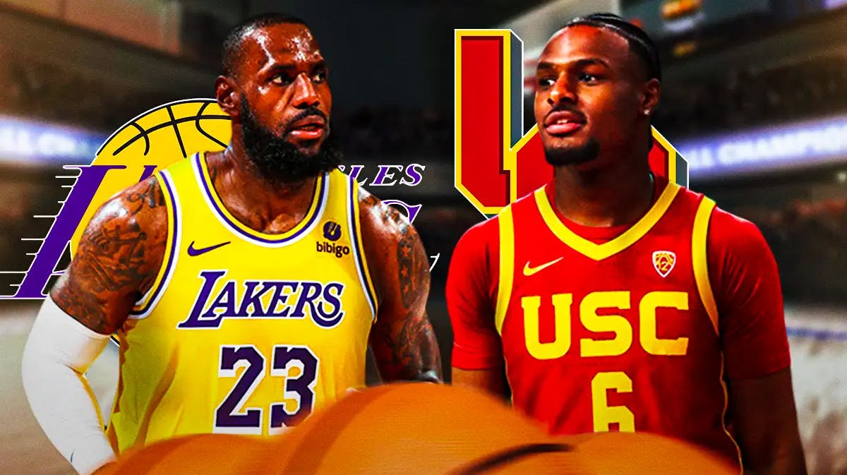 LeBron James and Bronny James with both the Lakers and USC logos in the background