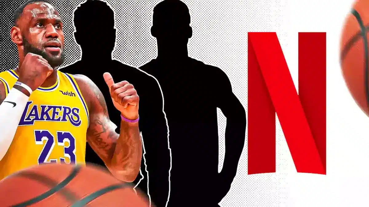 LeBron James. Netflix logo in backgorund. Jimmy Butler and Jayson Tatum as silhouettes