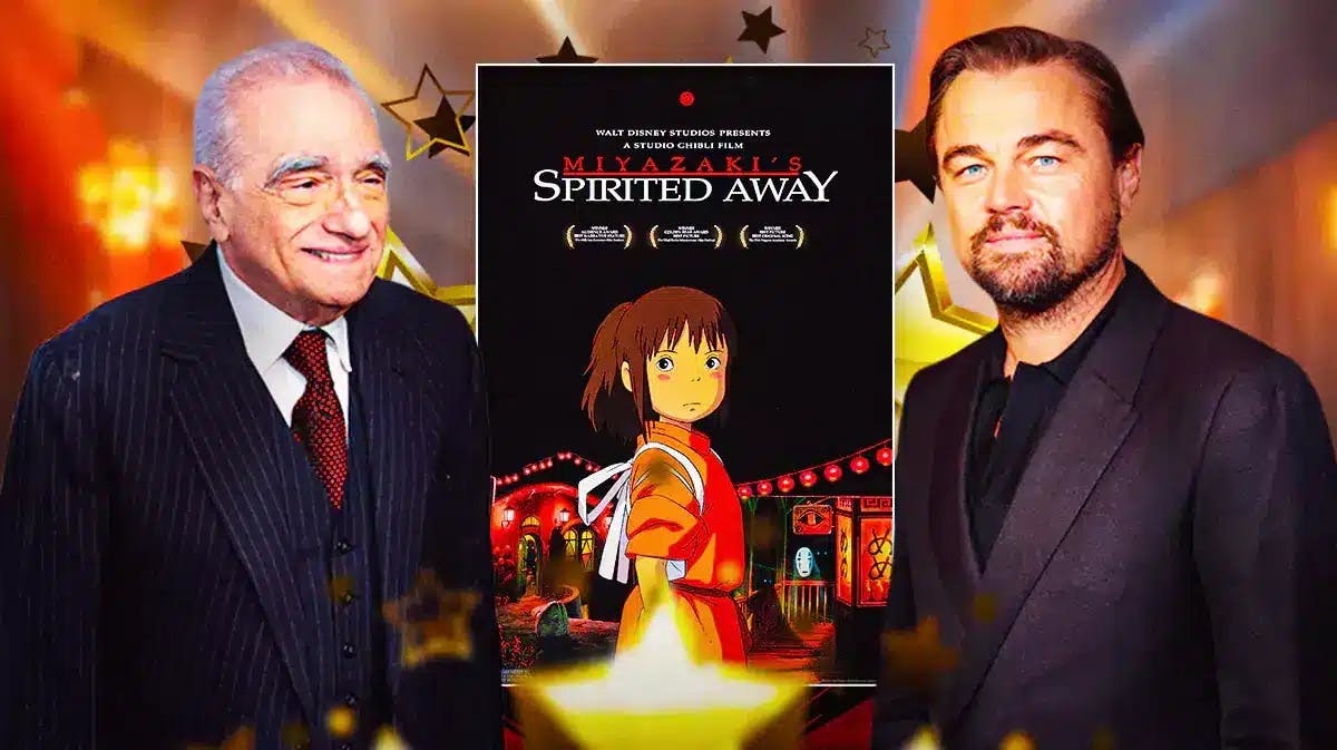 Martin Scorsese and Leonardo DiCaprio in between poster of Studio Ghibli film Spirited Away.