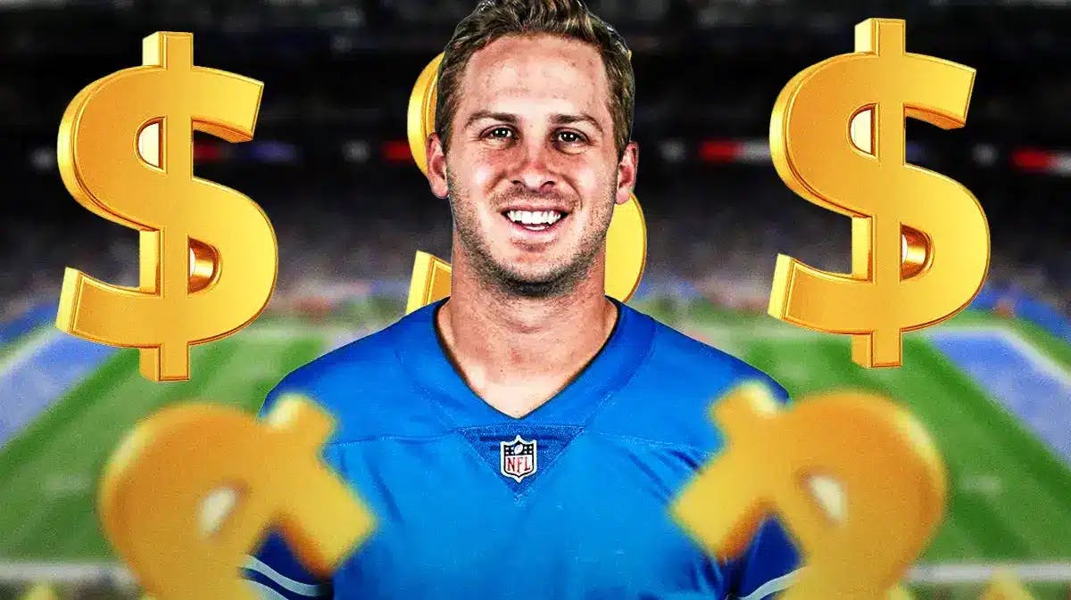 Lions' Jared Goff surrounded by dollar signs