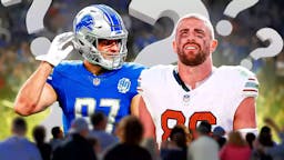 Free agent NFL tight end Zach Ertz (in an Arizona Cardinals uniform works here) and Detroit Lions' Sam LaPorta and question marks surrounding the images.