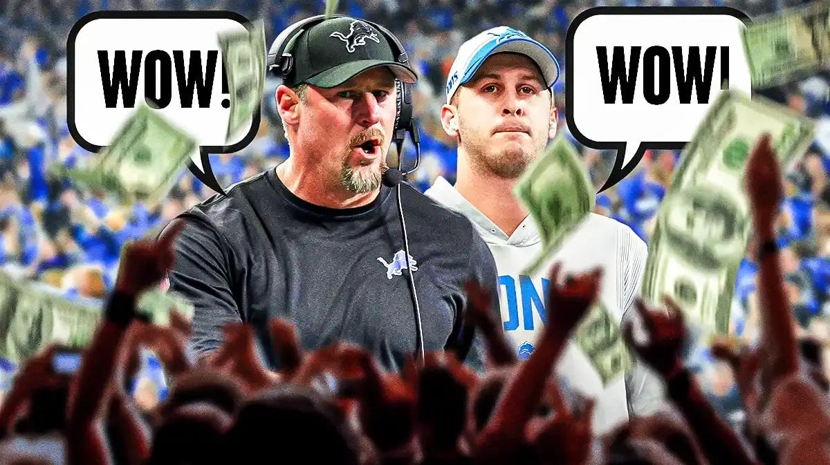 Dan Campbell and Jared Goff on one side with a speech bubble that says “Wow!”, a bunch of Detroit Lions fans on the other side with money falling around them