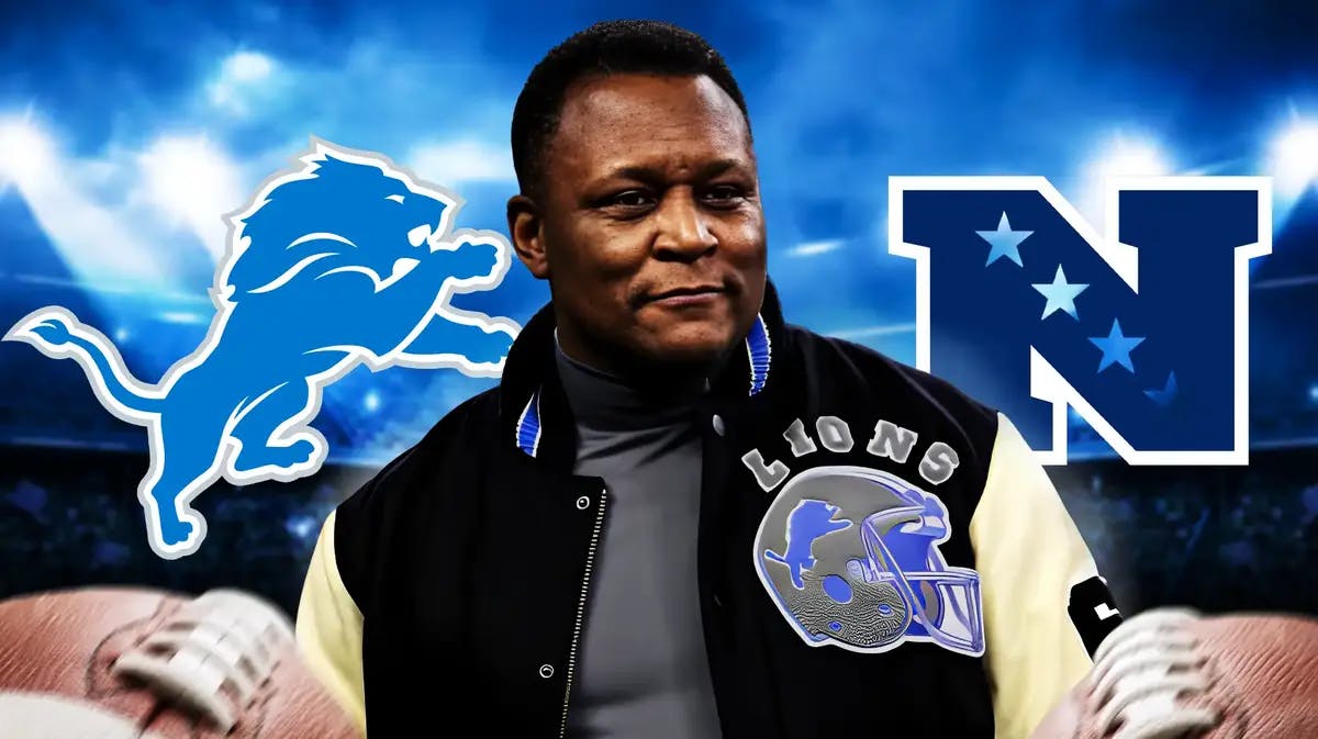 Hall of Famer Barry Sanders stands in front of the Lions logo before the NFC Championship game vss. the 49ers, Jared Goff sits out of the frame
