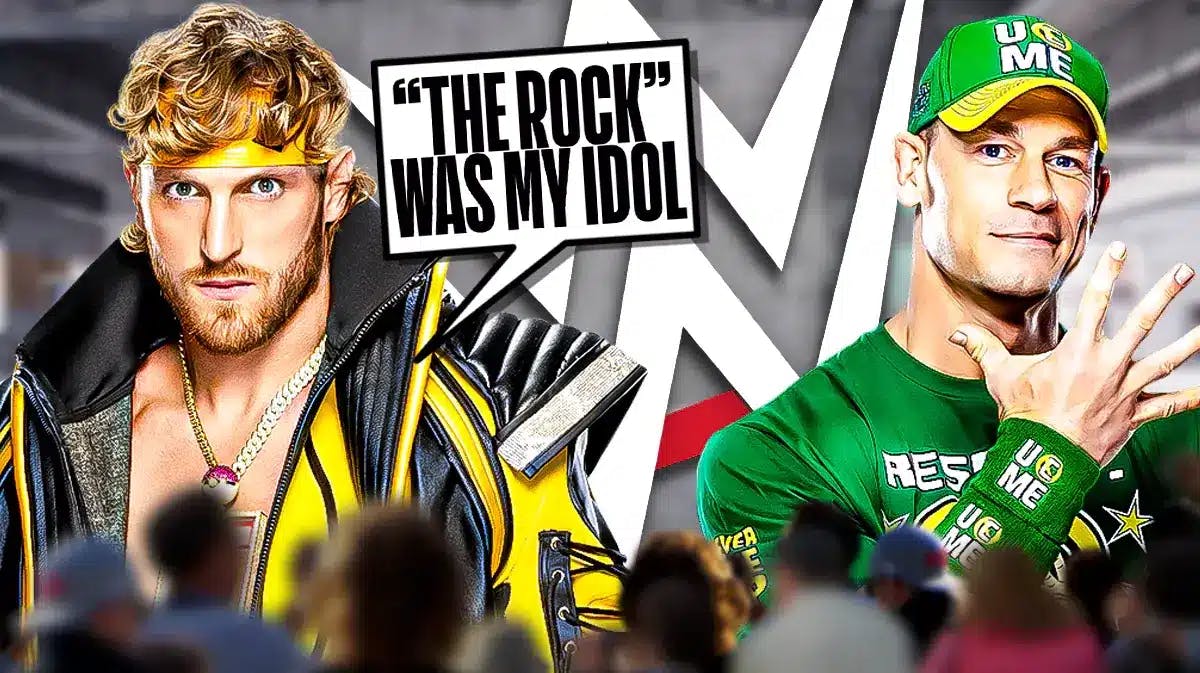 Logan Paul with a text bubble reading “The Rock” was my idol” next to John Cena with the WWE logo as the background.