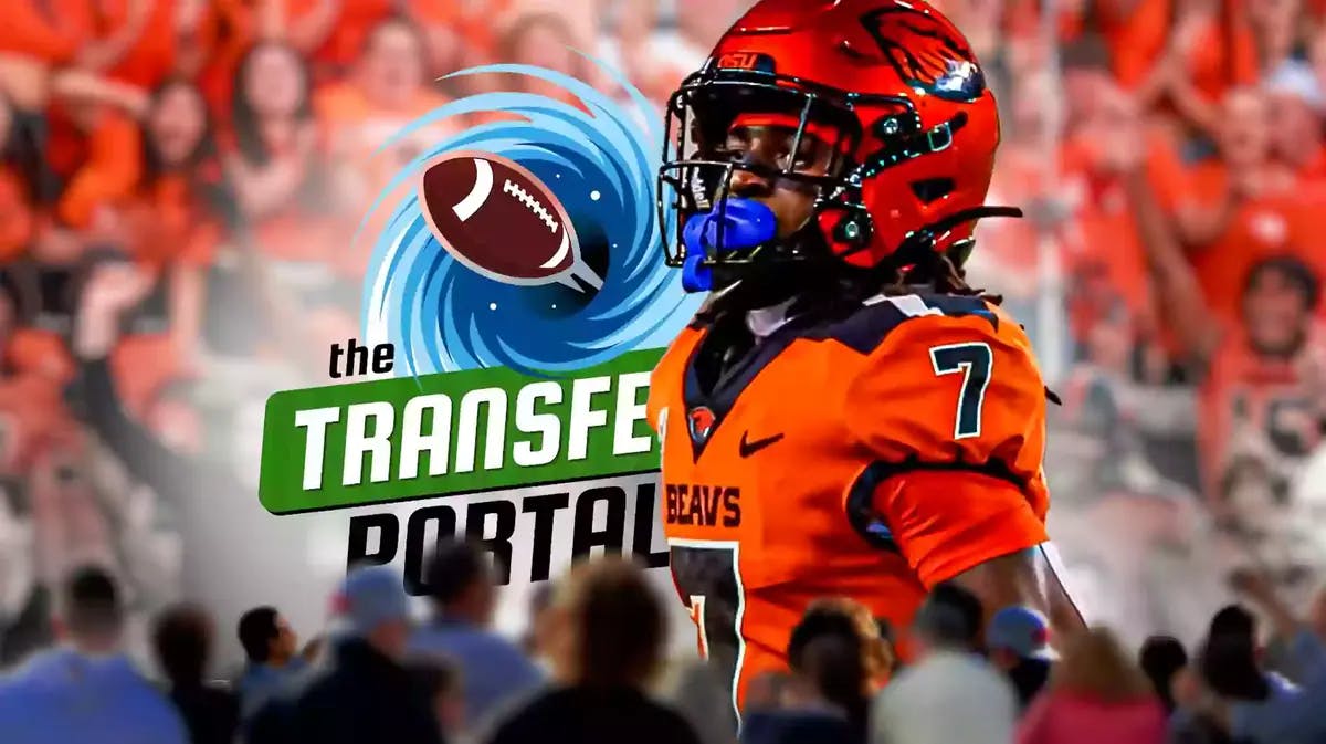 Photo: Silas Bolden in Oregon State uniform with transfer portal logo behind him and fans