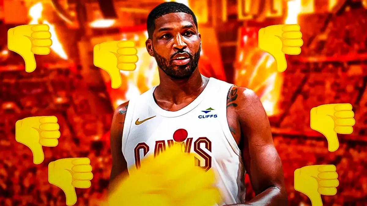 Cavs' Tristan Thompson with thumbs down emojis all around him