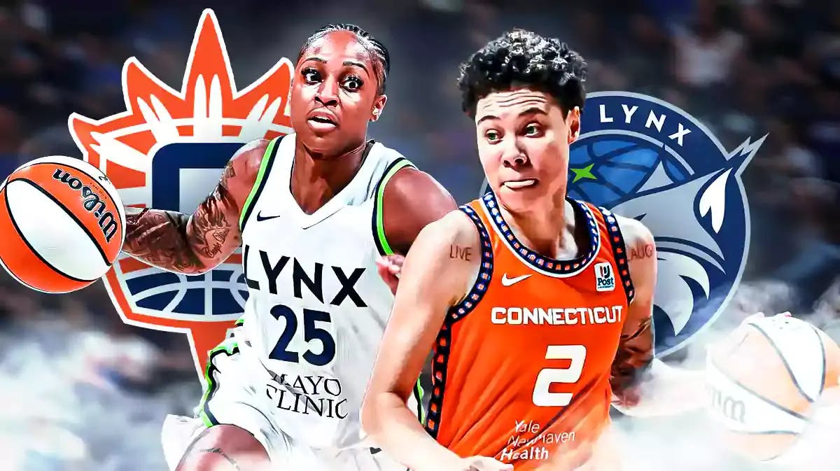 Minnesota Lynx player Tiffany Mitchell in her Lynx uniform in front of the Connecticut Sun logo, and Connecticut Sun player Natisha Hiedeman in her Suns uniform, in front of the Minnesota Lynx logo