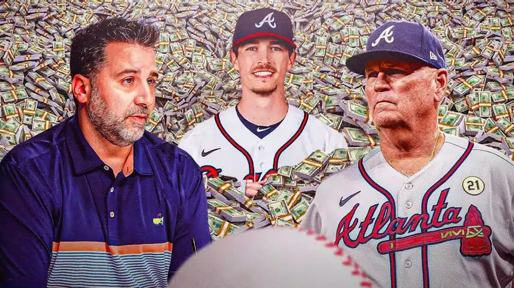 Braves' Max Fried swimming in a pool of cash, with Alex Anthopoulos and Brian Snitker looking worried