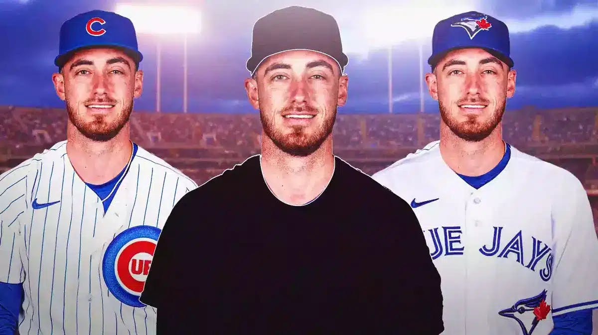Cody Bellinger in a blank uniform smiling in the middle, with Cubs jersey and Blue Jays jersey to Bellinger’s sides