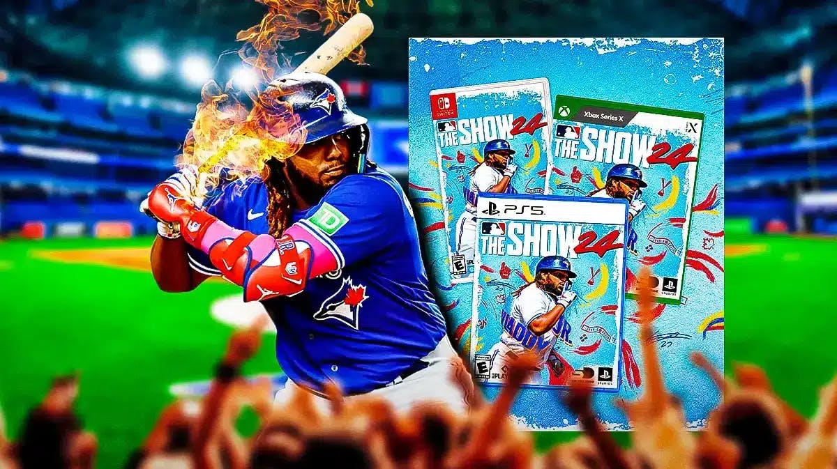 Blue Jays Vladimir Guerrero Jr. swinging a bat made of fire next to MLB The Show 24. Background is Rogers Centre
