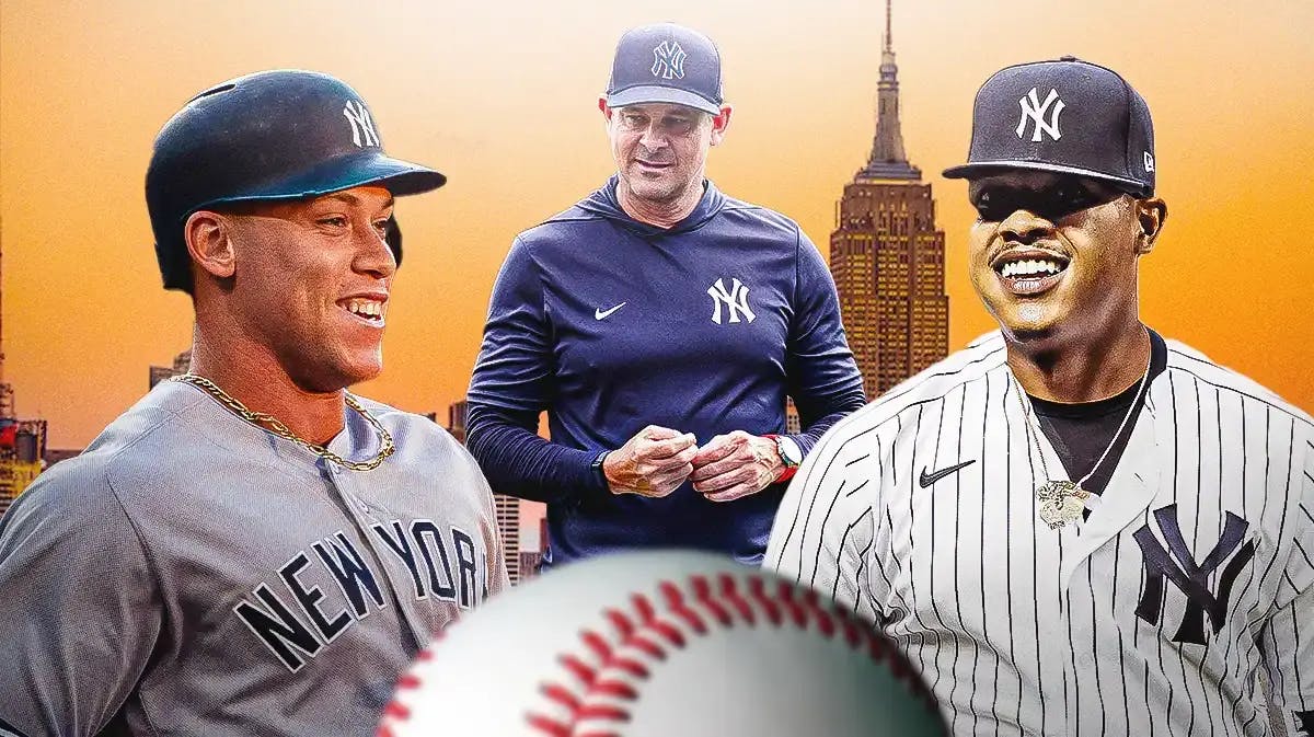 Yankees' Aaron Judge, Yankees' Aaron Boone, Marcus Stroman in a Yankees jersey standing together. Place New York City in background.
