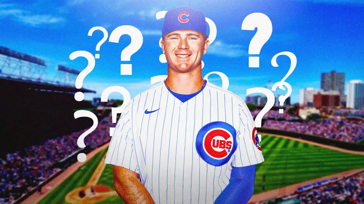 Pete Alonso in a Cubs jersey with question marks all around