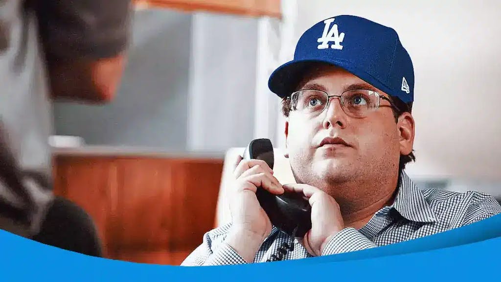 Jonah Hill in Moneyball but with a blue Dodgers cap