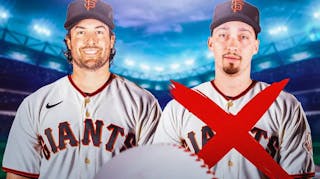 New San Francisco Giants pitcher Robbie Ray and an image of Blake Snell in a Giants uniform with a big red X over him (like this x ) to show the Giants won’t be signing Snell.