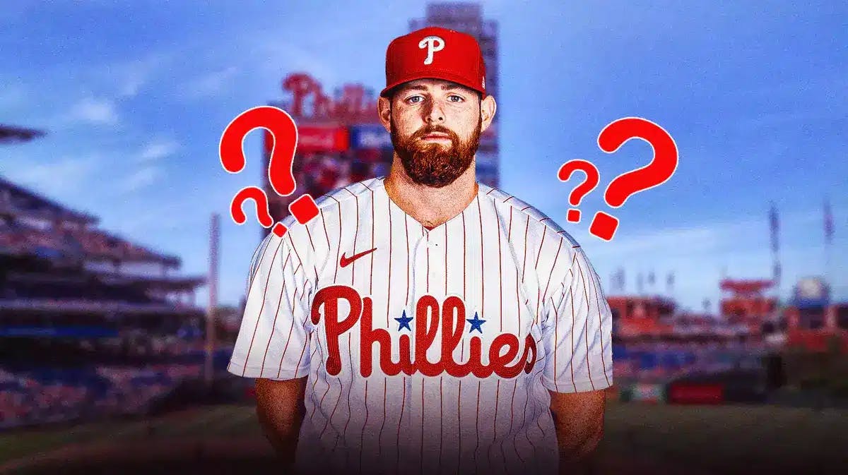MLB free agent pitcher Jordan Montgomery photoshopped in a Philadelphia Phillies uniform with question marks surrounding him to signify its possible he signs with team but is not a sure thing.