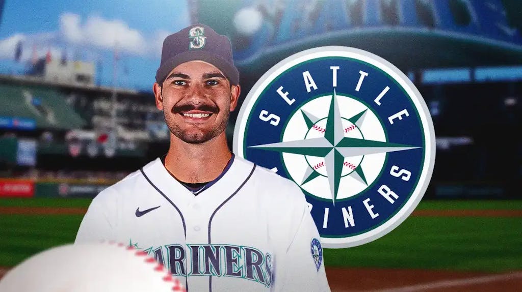 Dylan Cease wearing a Mariners jersey next to a Mariners logo in front of T-Mobile Park