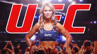 Paige Vanzant in a bikini in front of the UFC logo