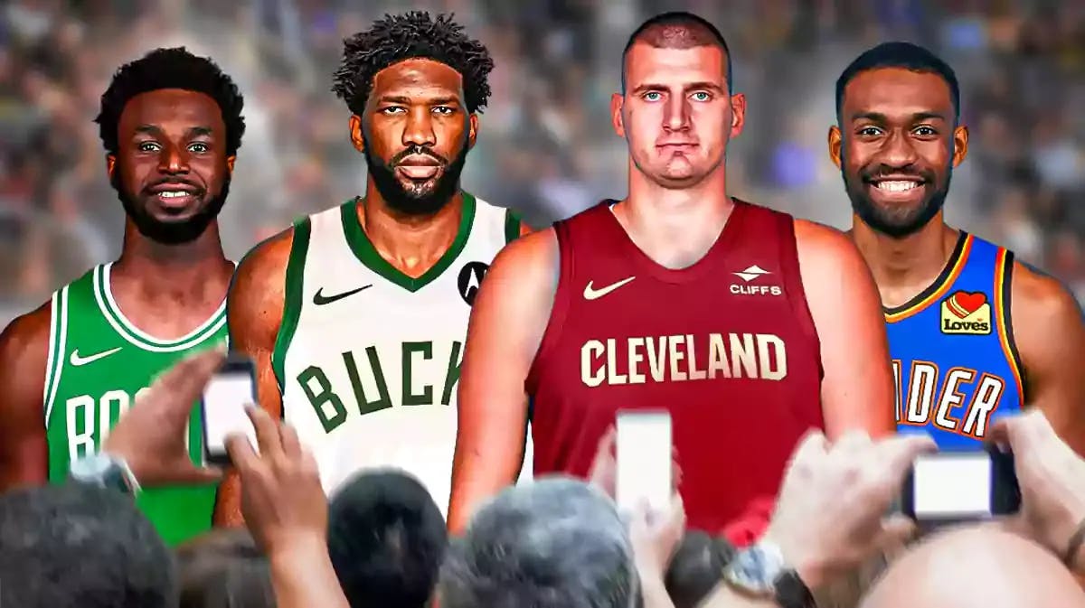 Nikola Jokic in Cavaliers jersey, Joel Embiid in Bucks jersey, Andrew Wiggins in Celtics jersey, Jabari Parker in Thunder jersey
