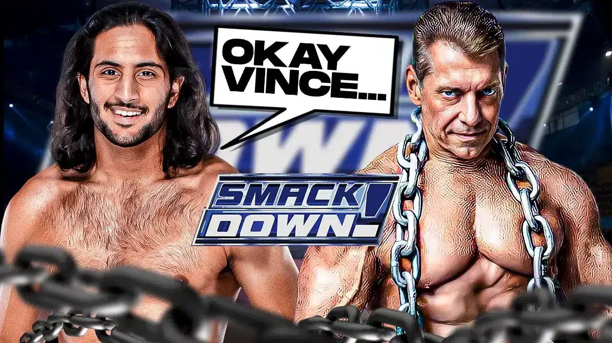 Mansoor with a text bubble reading “Okay Vince…” next to Vince McMahon with the SmackDown logo as the background.