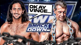 Mansoor with a text bubble reading “Okay Vince…” next to Vince McMahon with the SmackDown logo as the background.