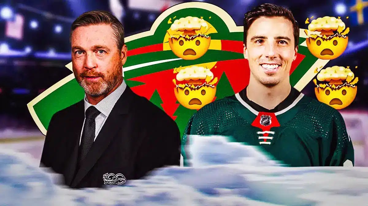 Marc-Andre Fleury on one side with fire all around him and a few mind blown emojis, Patrick Roy on other side looking impressed, Minnesota Wild logo, hockey rink in background