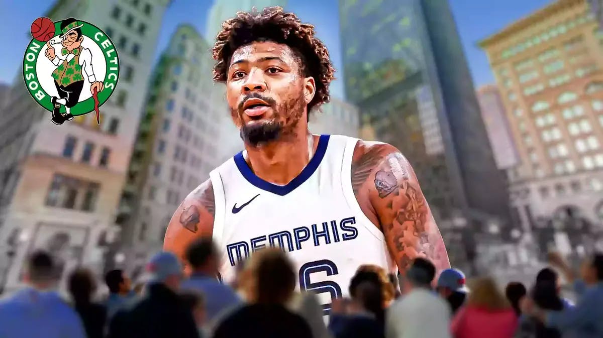 image idea: Marcus Smart looking sad in a Memphis Grizzlies jersey on a Boston city background with the Celtics logo in the corner